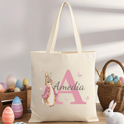 Personalisierbare Damen Tragetasche mit Hase-Design – Leinwand Einkaufstasche mit Name & Buchstabe in 6 Farben erhältlich