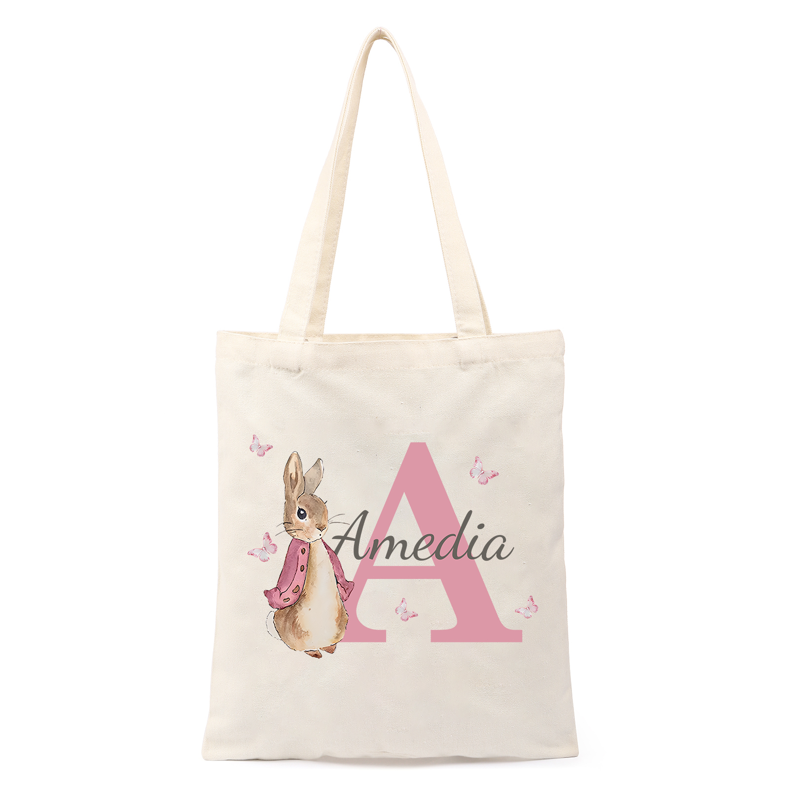 Personalisierbare Damen Tragetasche mit Hase-Design – Leinwand Einkaufstasche mit Name & Buchstabe in 6 Farben erhältlich