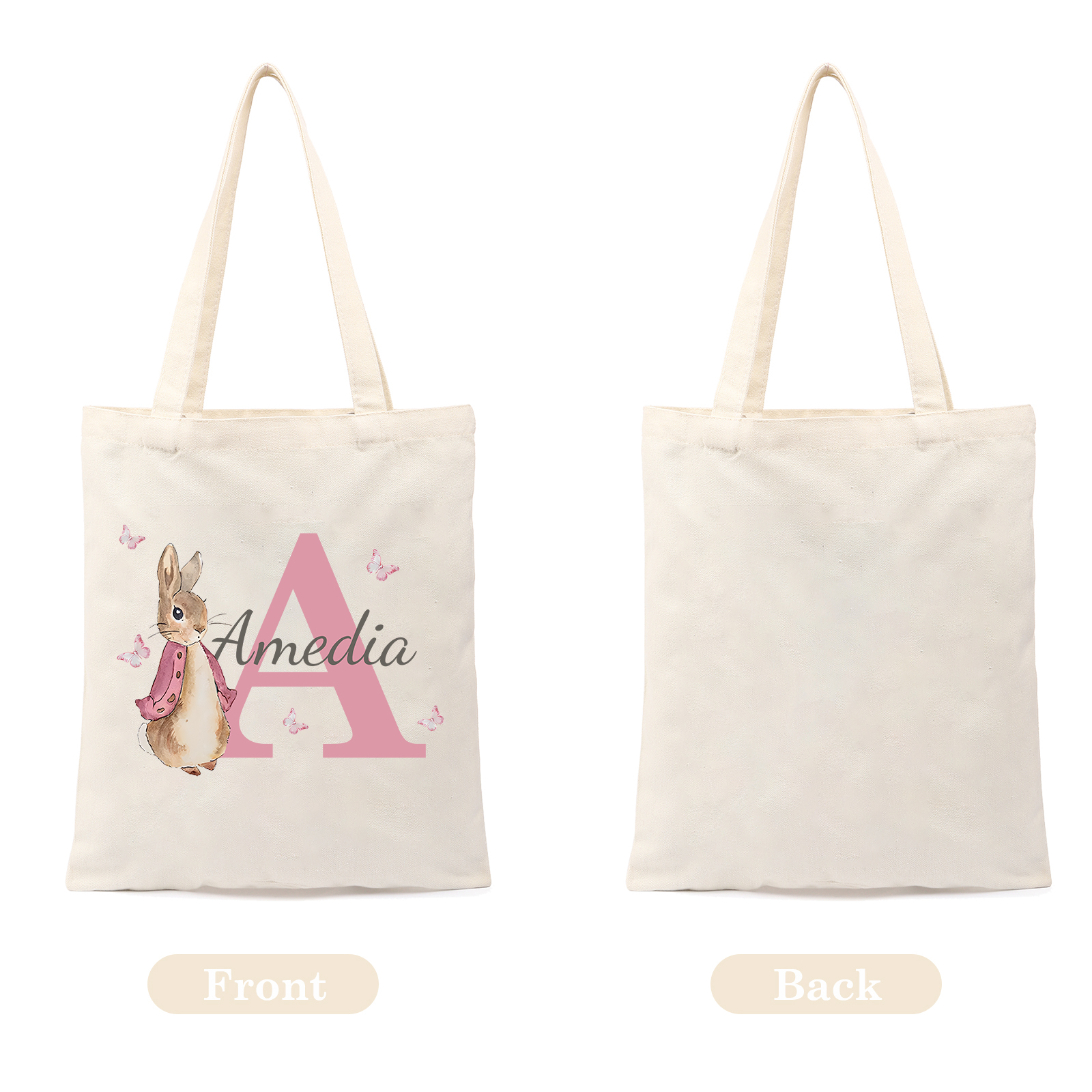 Personalisierbare Damen Tragetasche mit Hase-Design – Leinwand Einkaufstasche mit Name & Buchstabe in 6 Farben erhältlich