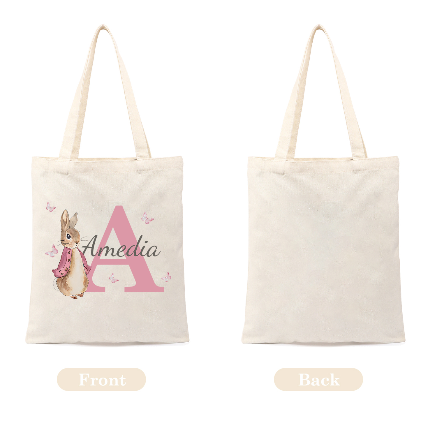 Personalisierbare Damen Tragetasche mit Hase-Design – Leinwand Einkaufstasche mit Name & Buchstabe in 6 Farben erhältlich