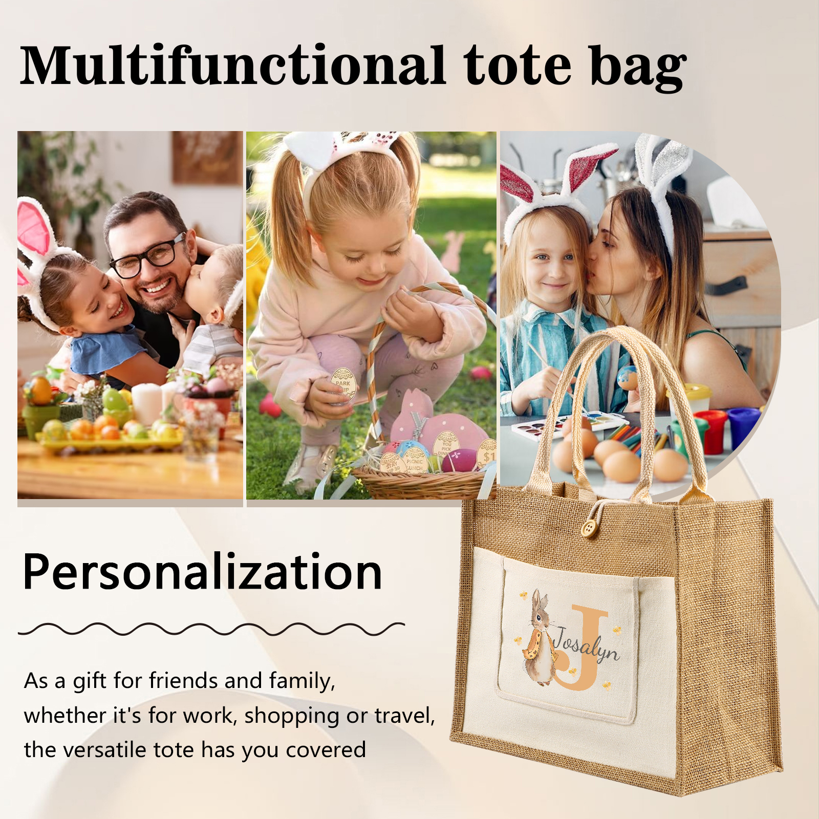 Personalisierbarer Name & Buchstabe Ostern Leinen Hase Tasche