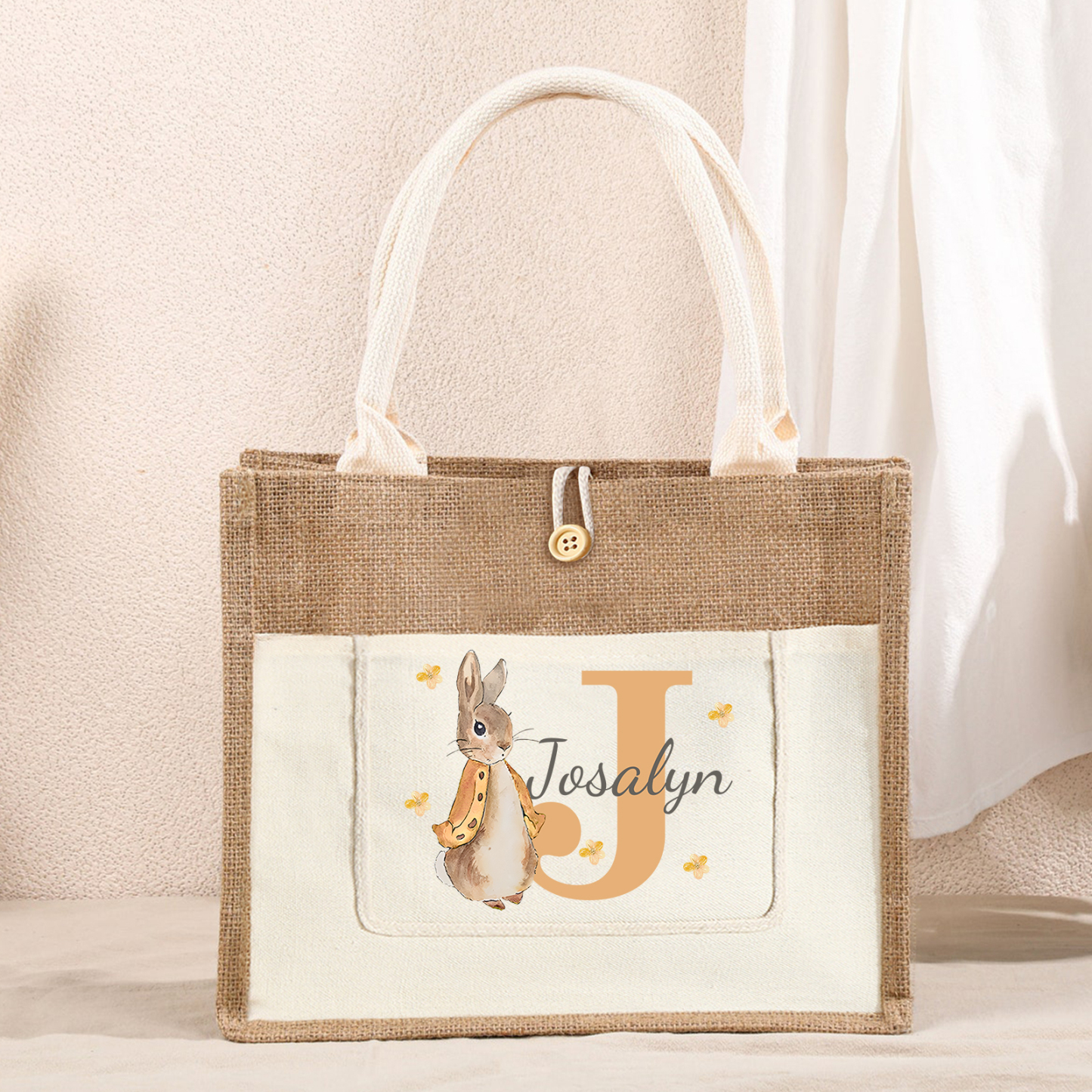 Personalisierbarer Name & Buchstabe Ostern Leinen Hase Tasche