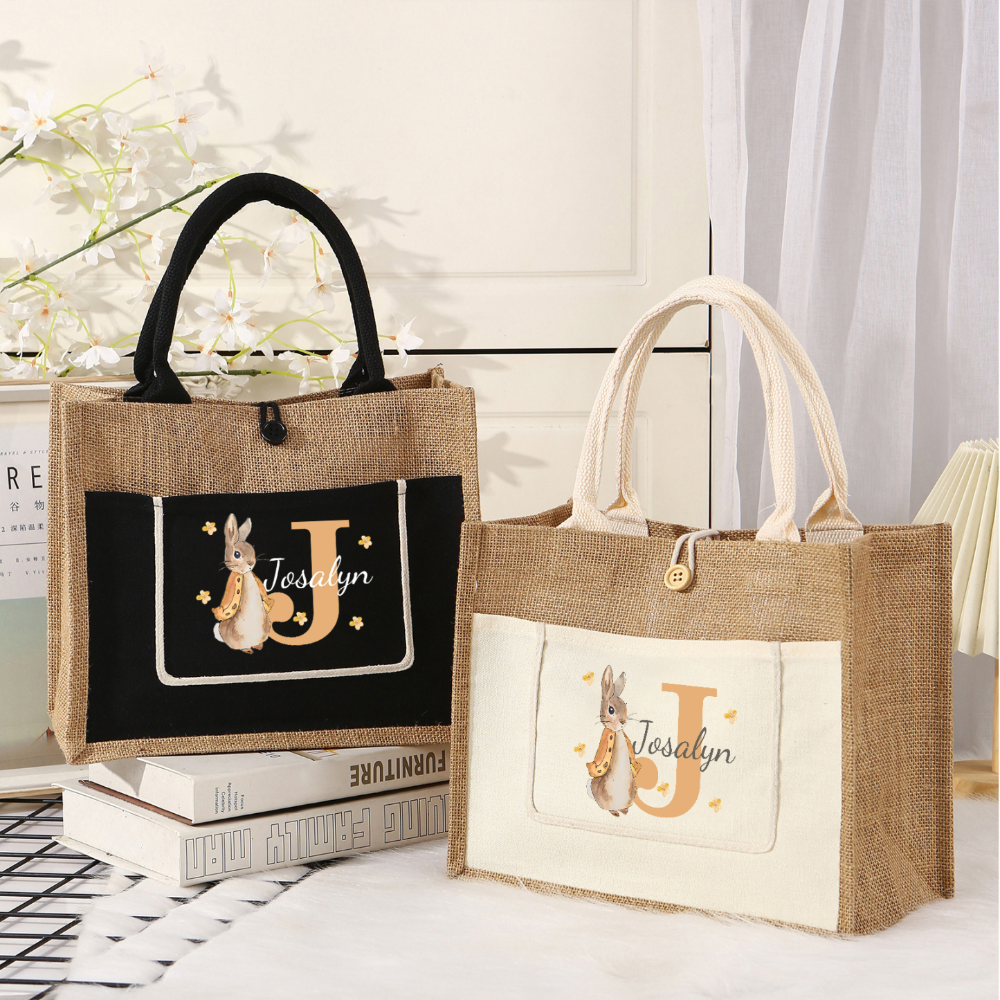 Personalisierbarer Name & Buchstabe Ostern Leinen Hase Tasche