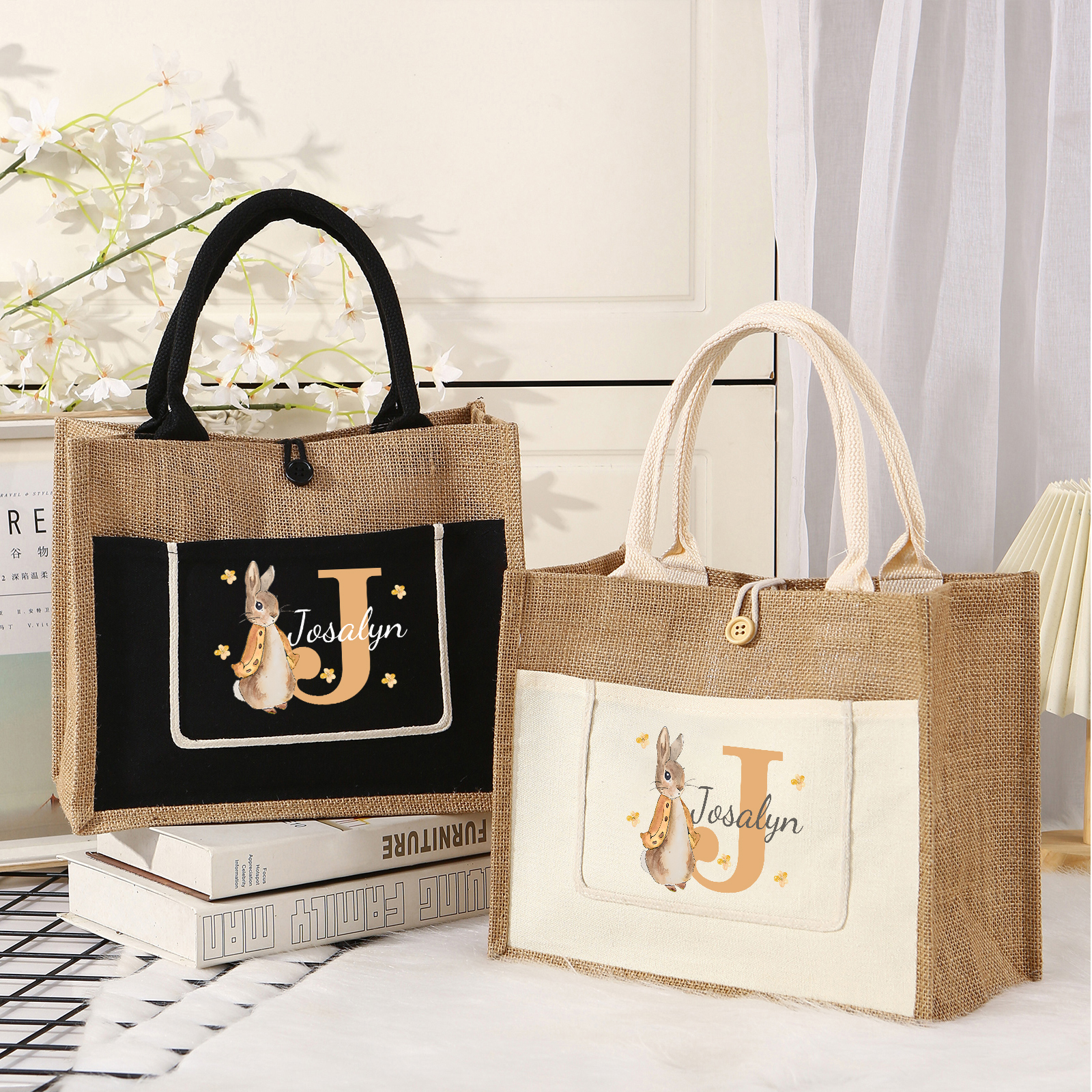 Personalisierbarer Name & Buchstabe Ostern Leinen Hase Tasche