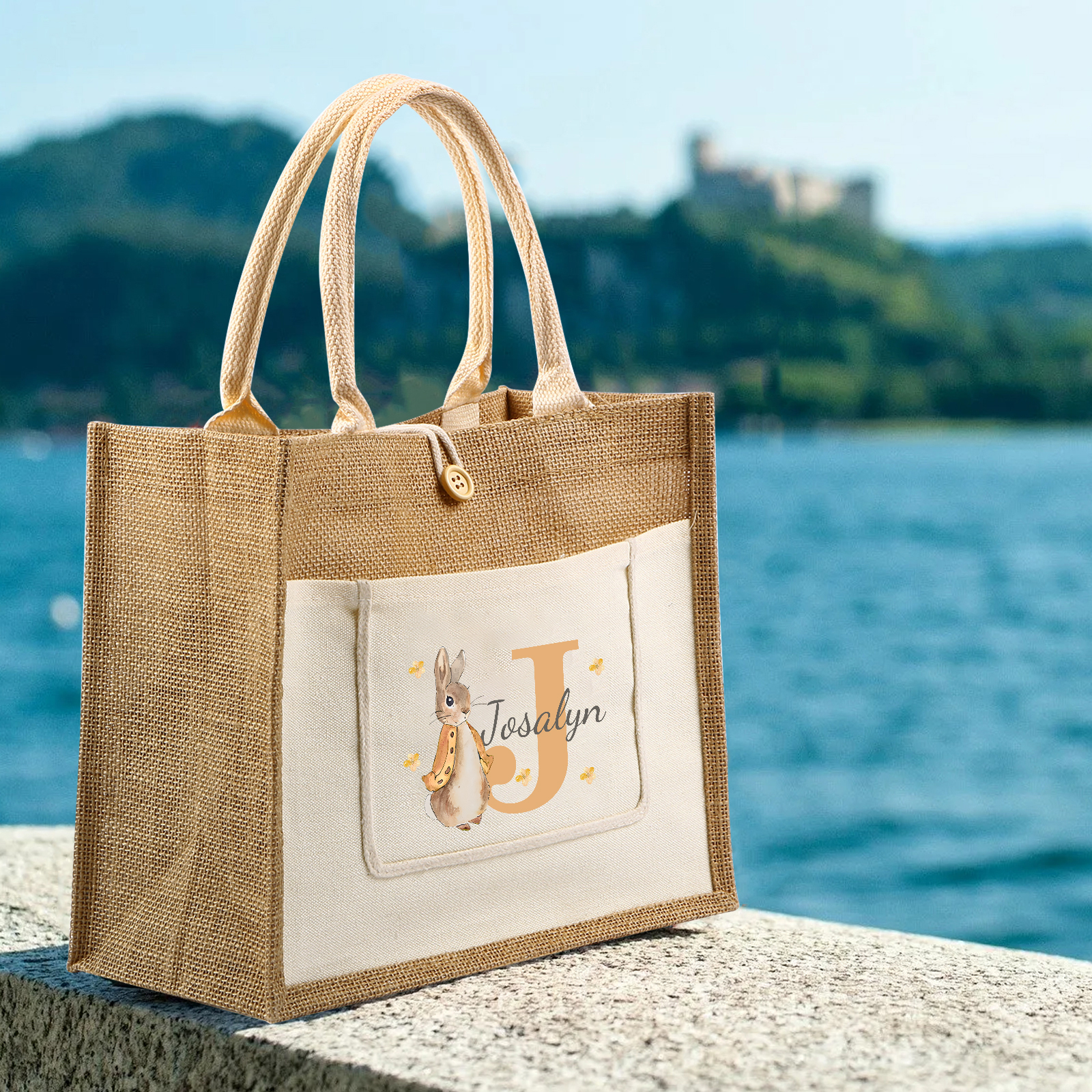 Personalisierbarer Name & Buchstabe Ostern Leinen Hase Tasche