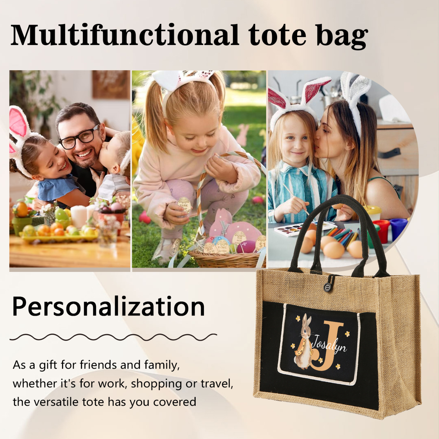 Personalisierbarer Name & Buchstabe Ostern Leinen Hase Tasche