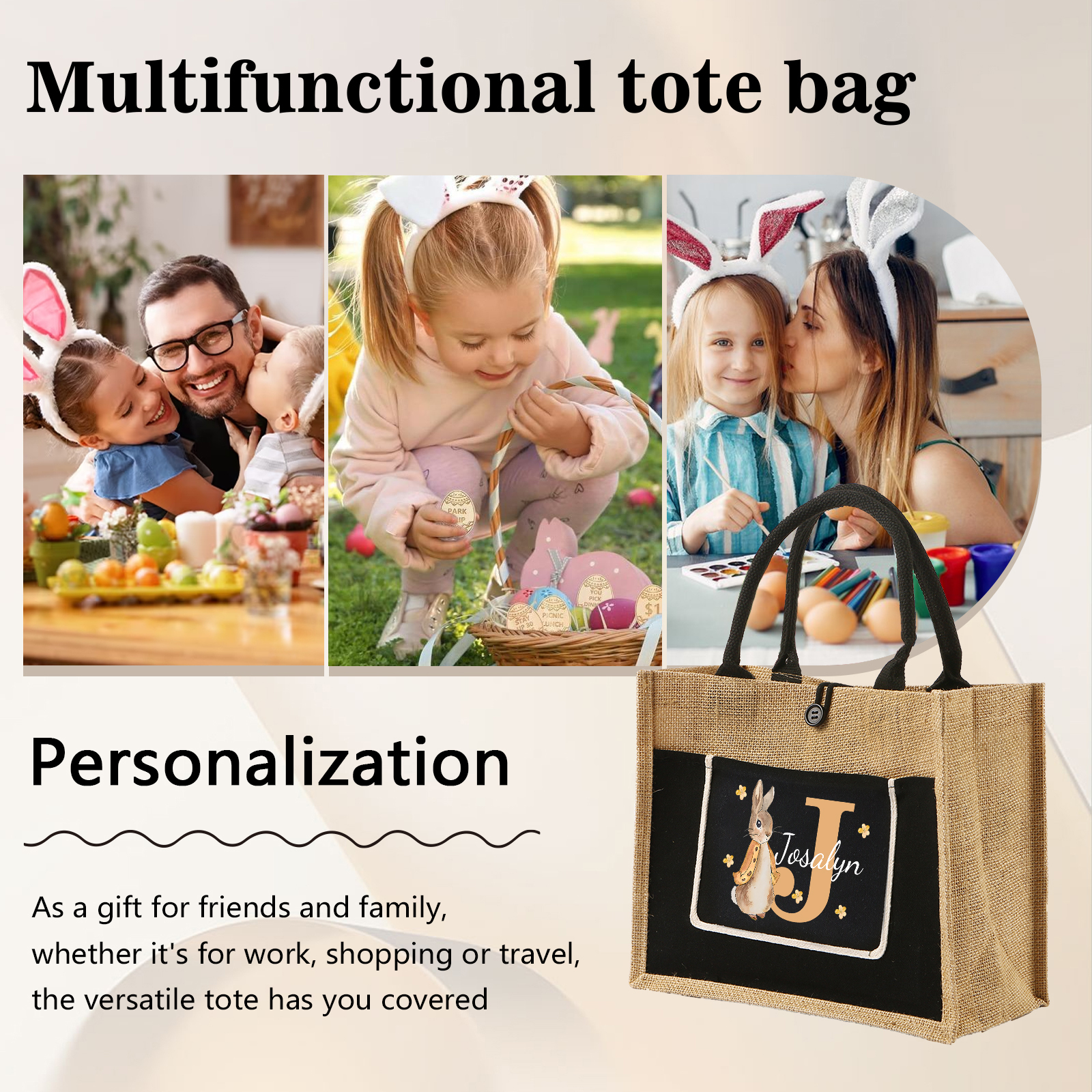 Personalisierbarer Name & Buchstabe Ostern Leinen Hase Tasche