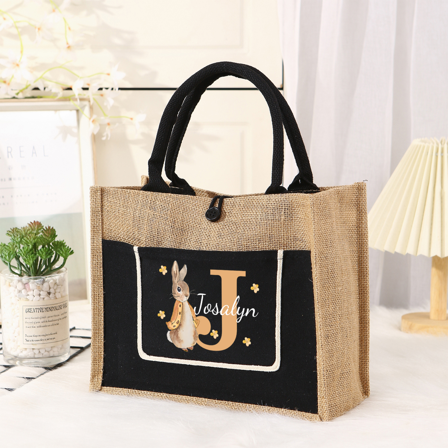 Personalisierbarer Name & Buchstabe Ostern Leinen Hase Tasche