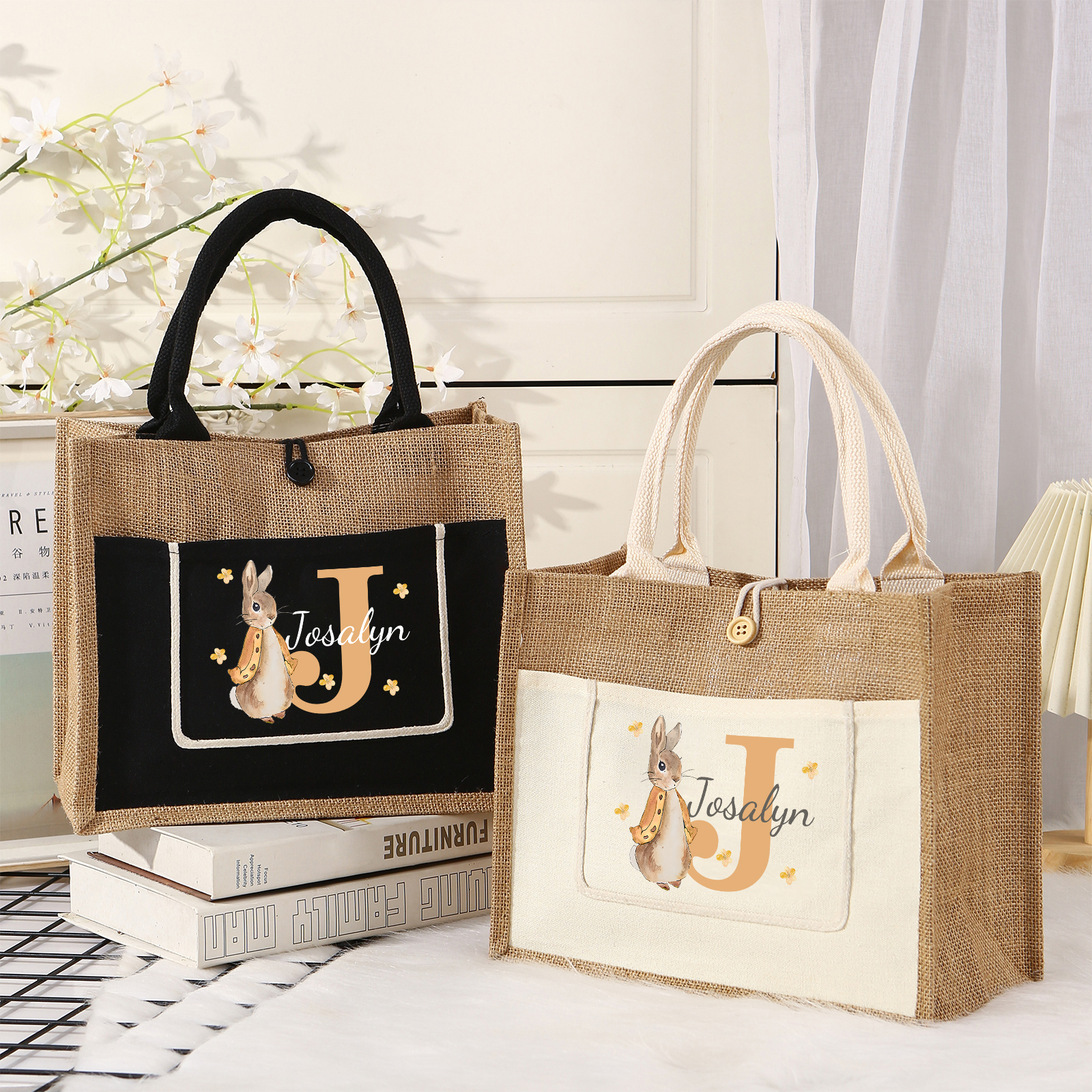 Personalisierbarer Name & Buchstabe Ostern Leinen Hase Tasche