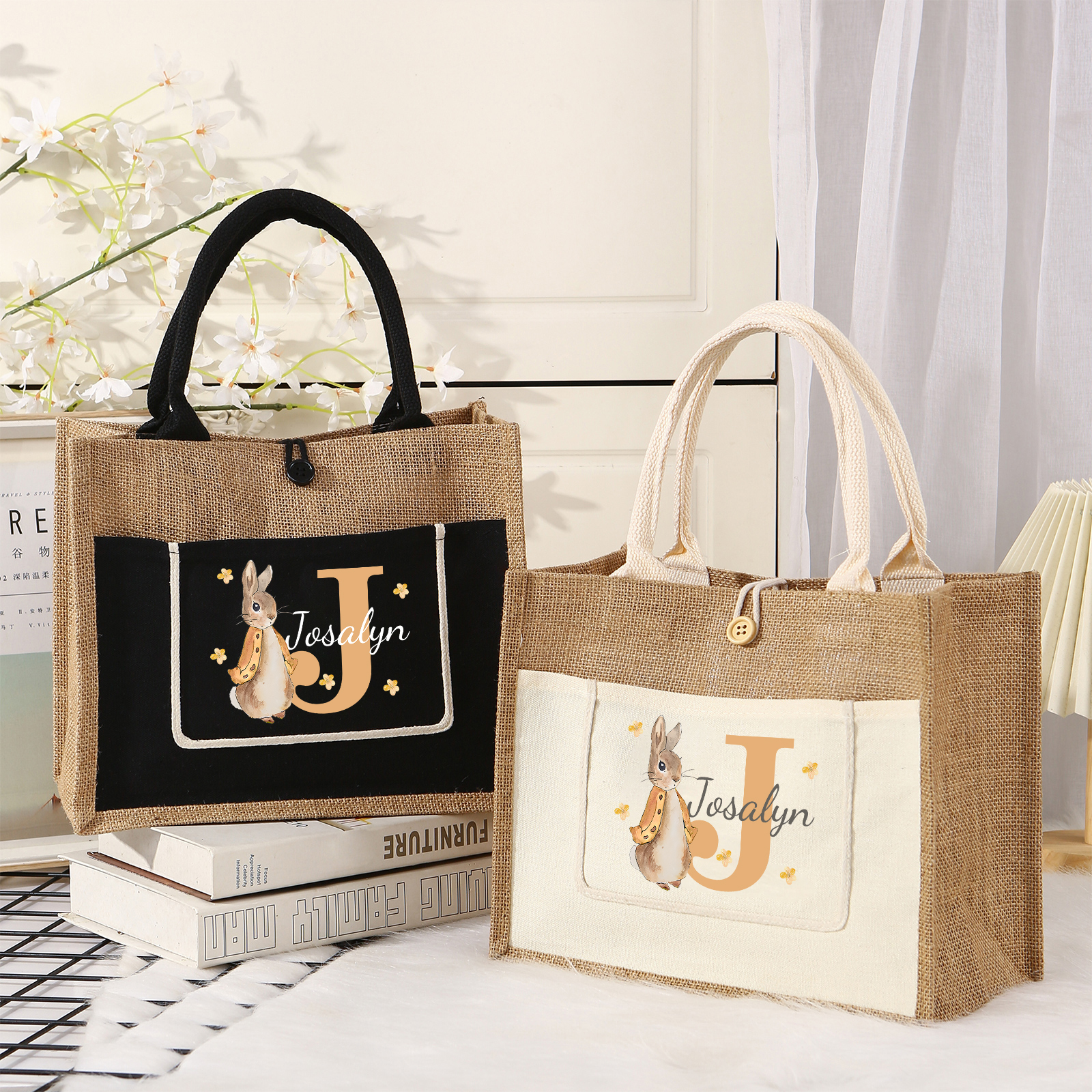 Personalisierbarer Name & Buchstabe Ostern Leinen Hase Tasche