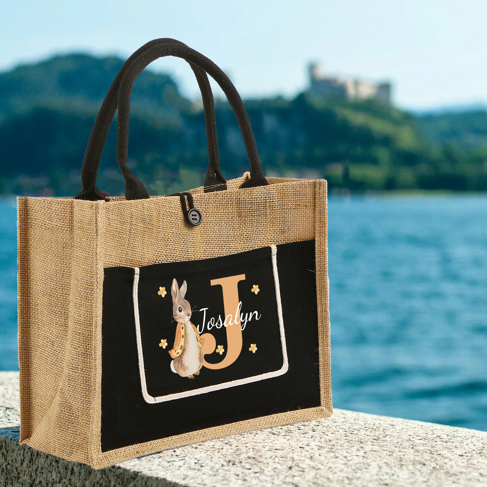 Personalisierbarer Name & Buchstabe Ostern Leinen Hase Tasche