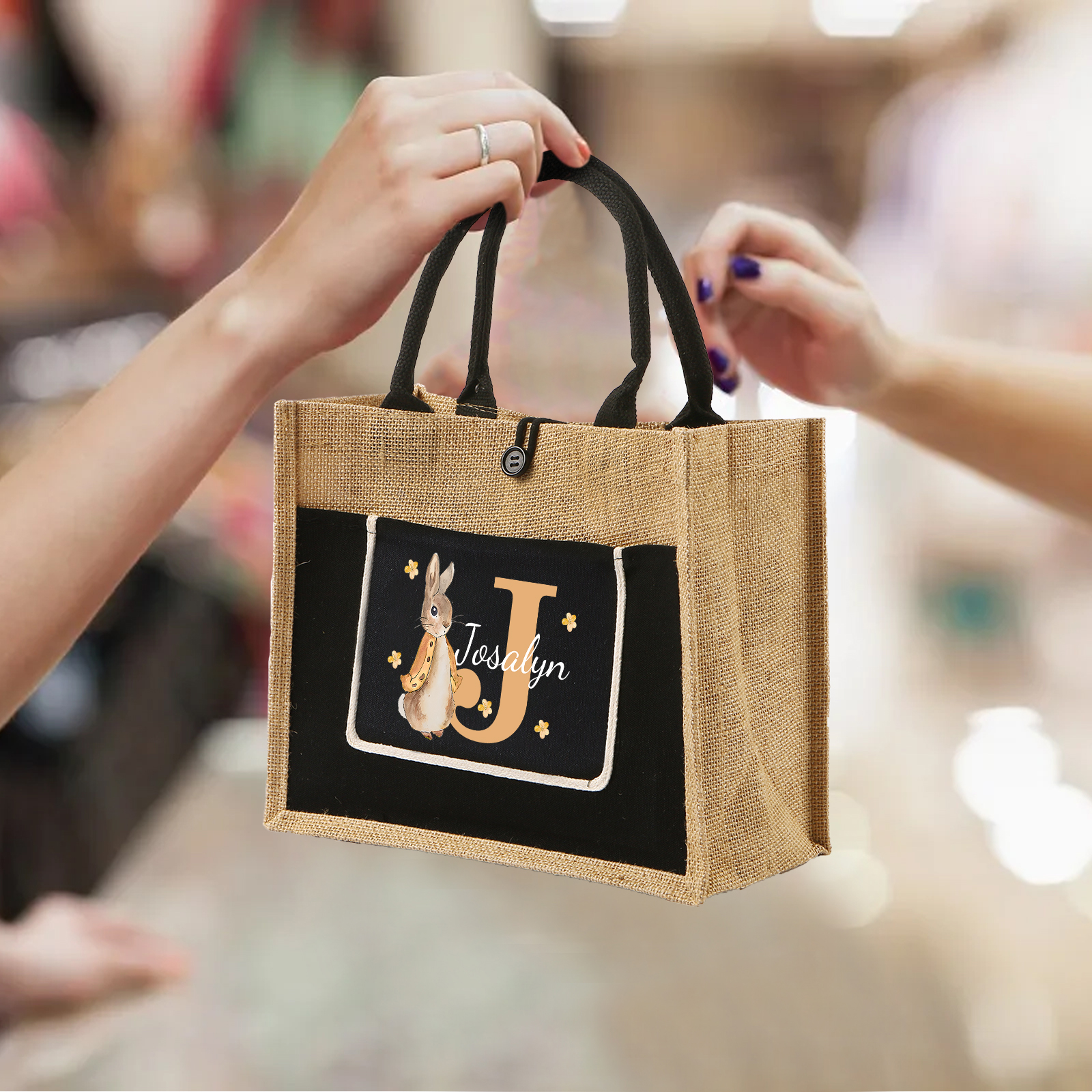Personalisierbarer Name & Buchstabe Ostern Leinen Hase Tasche