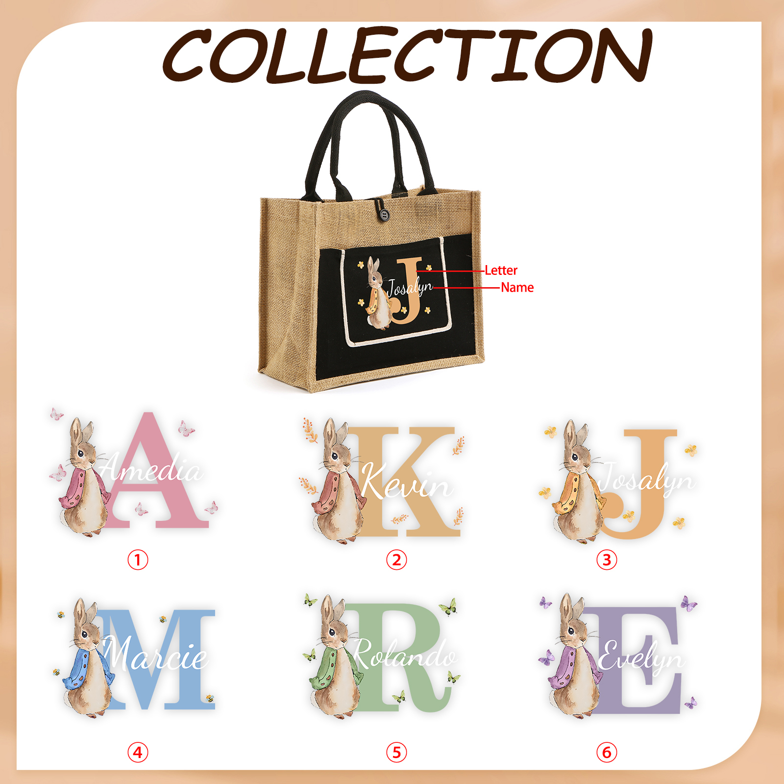 Personalisierbarer Name & Buchstabe Ostern Leinen Hase Tasche