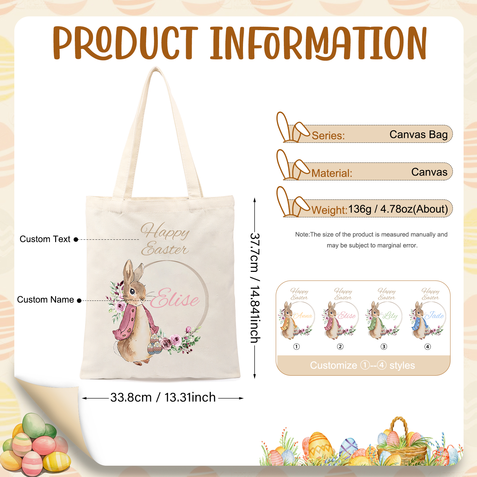 Personalisierbarer Name & Text Ostern Leinen Hase Tasche