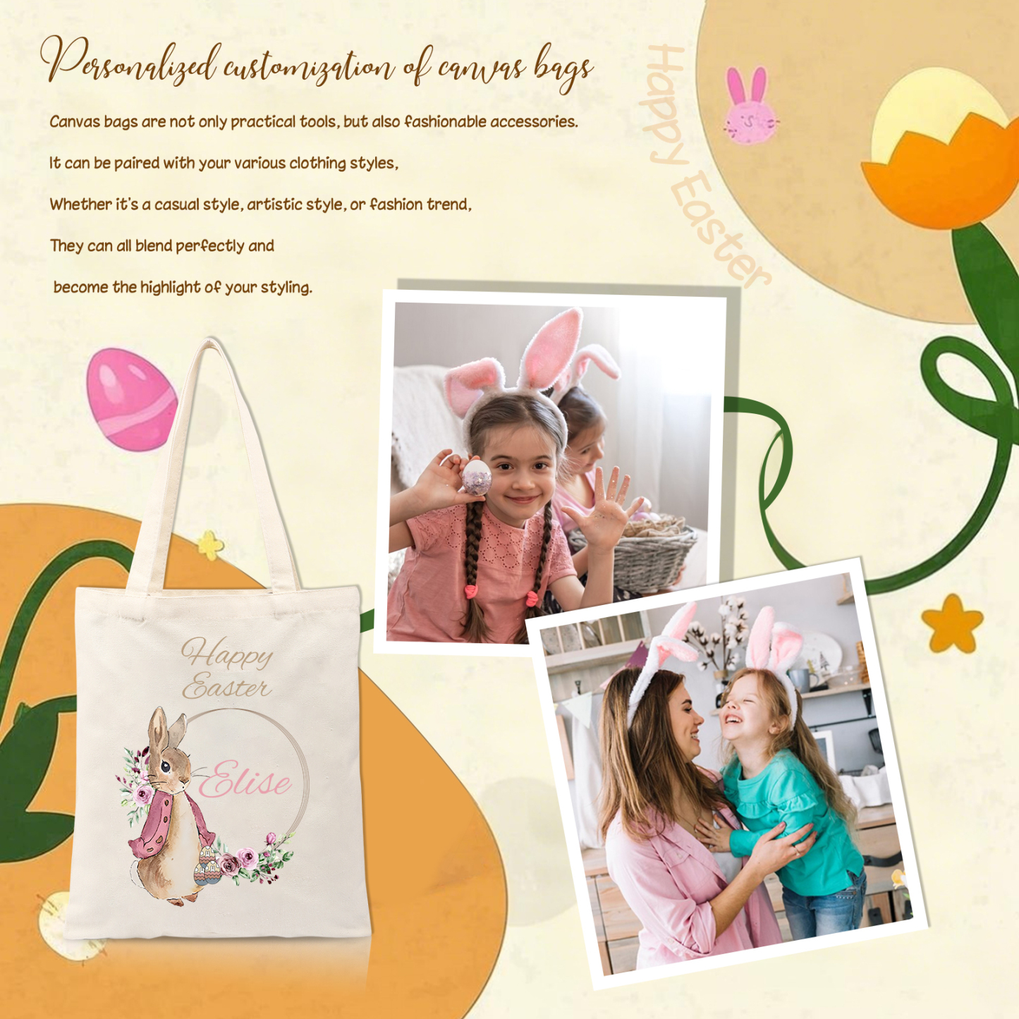 Personalisierbarer Name & Text Ostern Leinen Hase Tasche