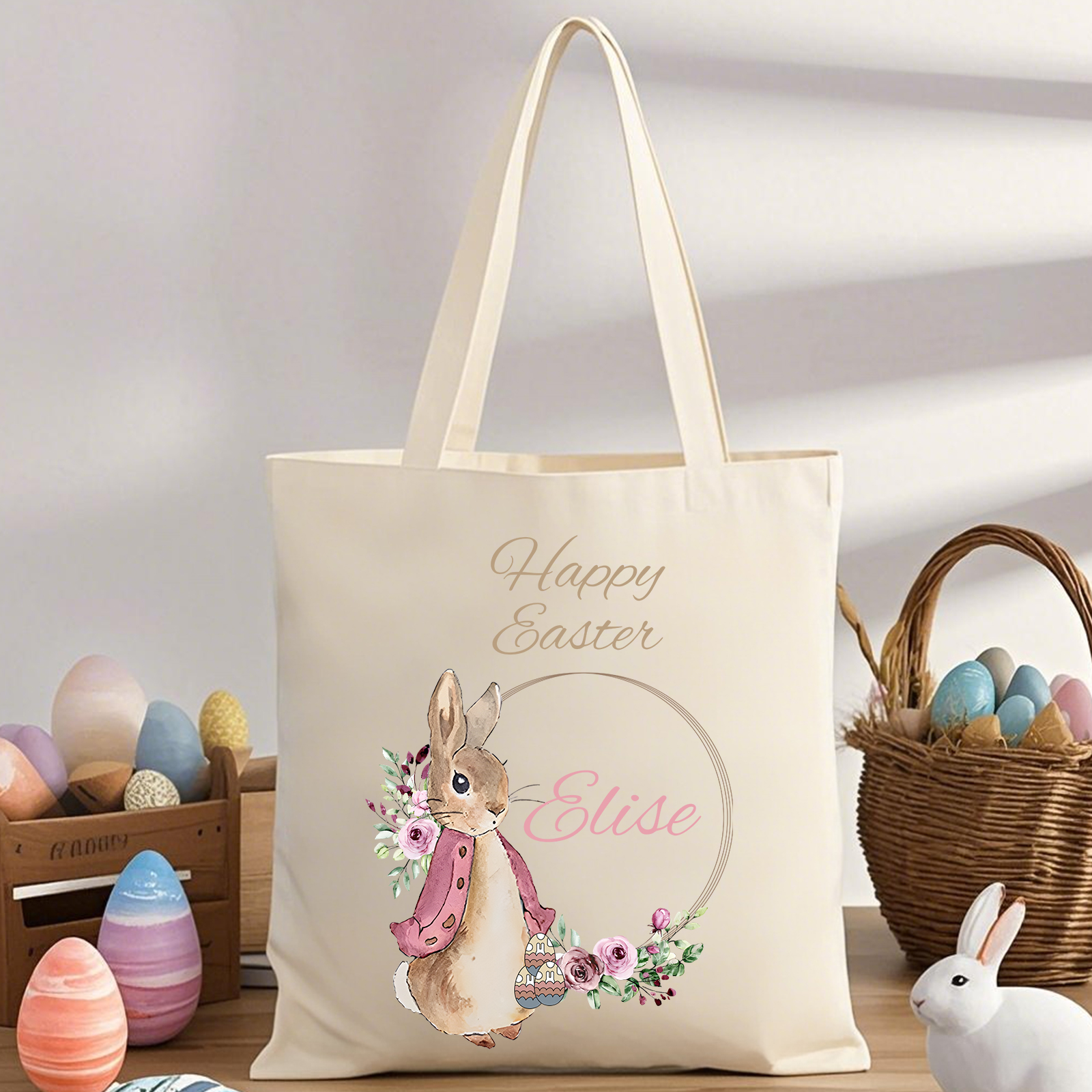 Personalisierbarer Name & Text Ostern Leinen Hase Tasche