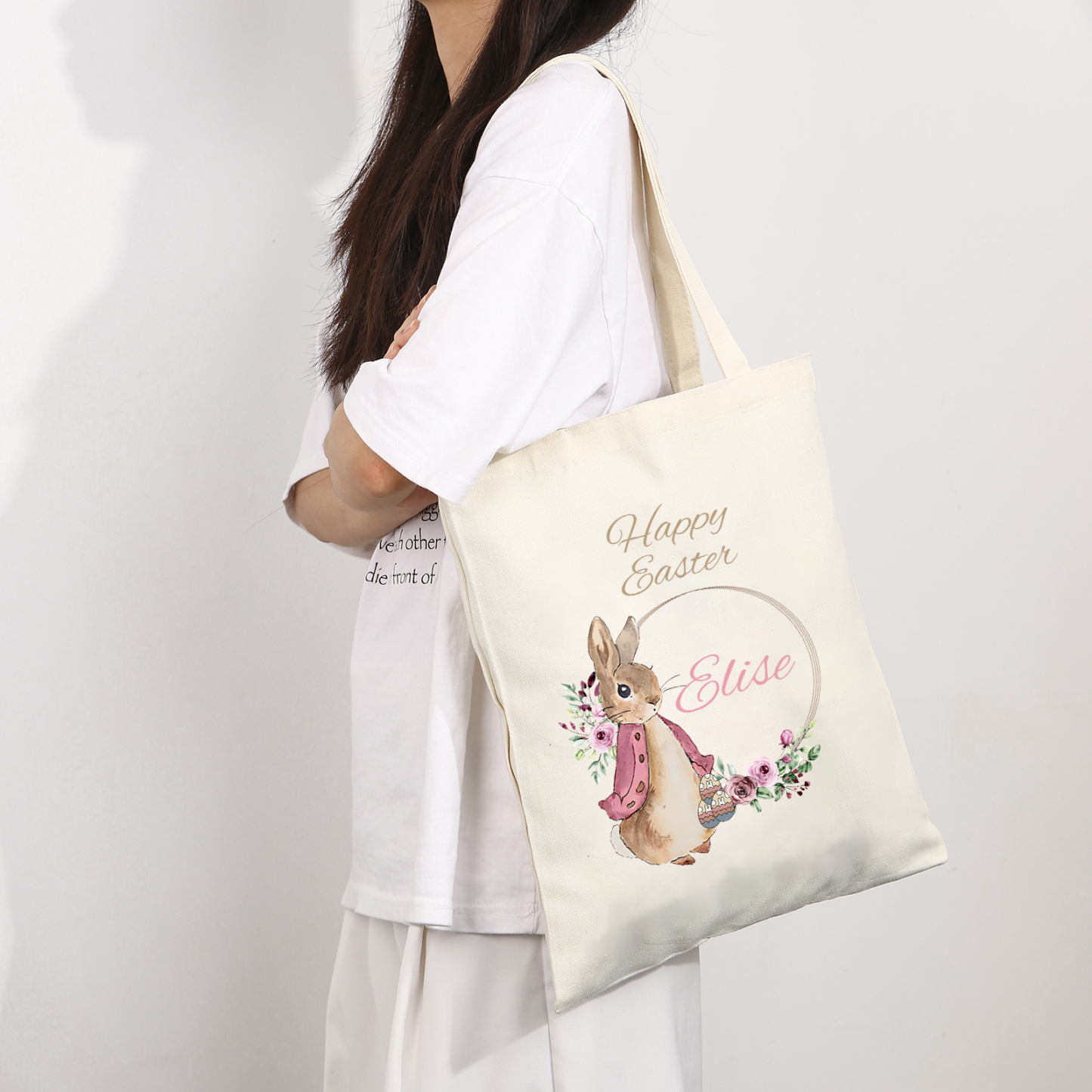 Personalisierbarer Name & Text Ostern Leinen Hase Tasche