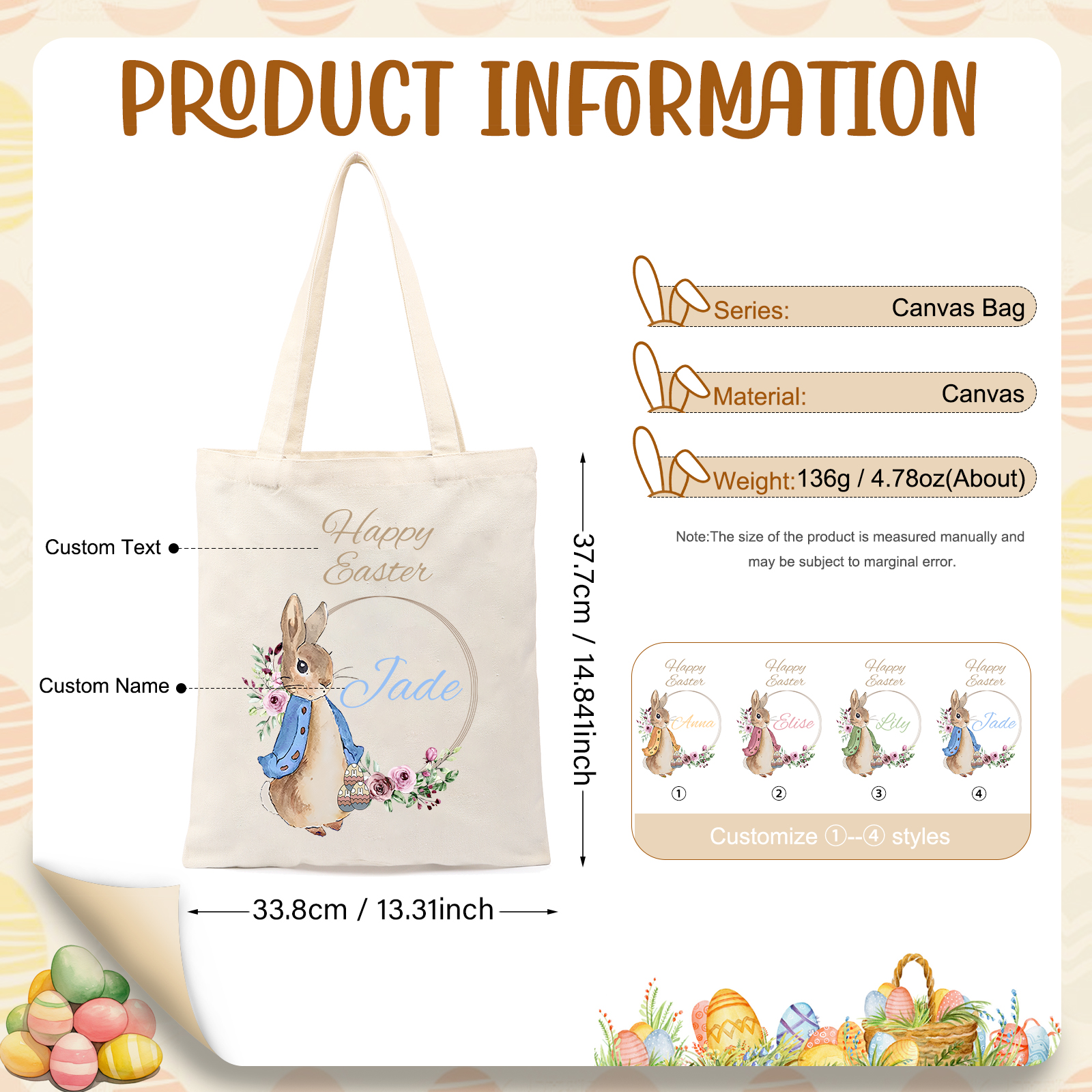 Personalisierbarer Name & Text Ostern Leinen Hase Tasche