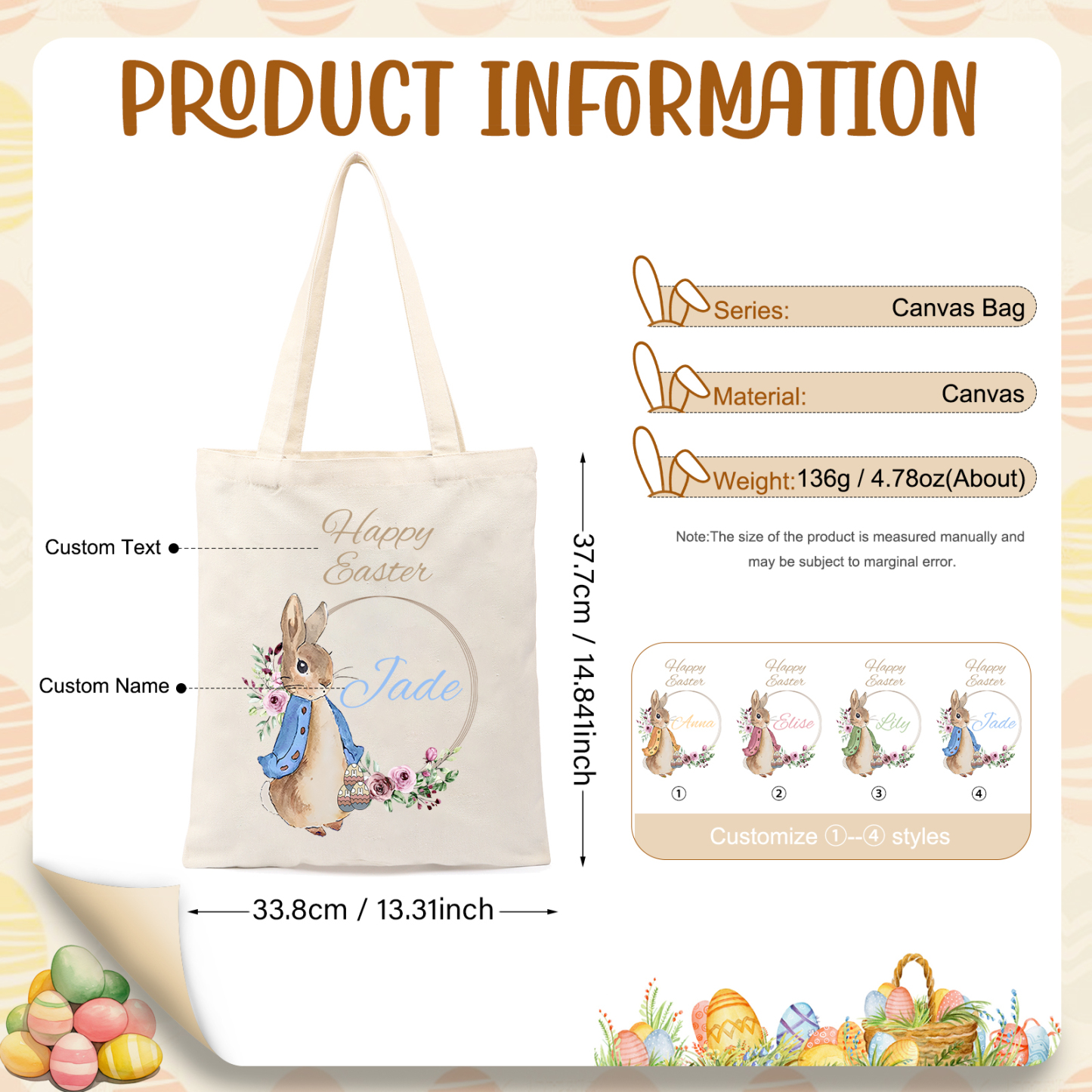 Personalisierbarer Name & Text Ostern Leinen Hase Tasche