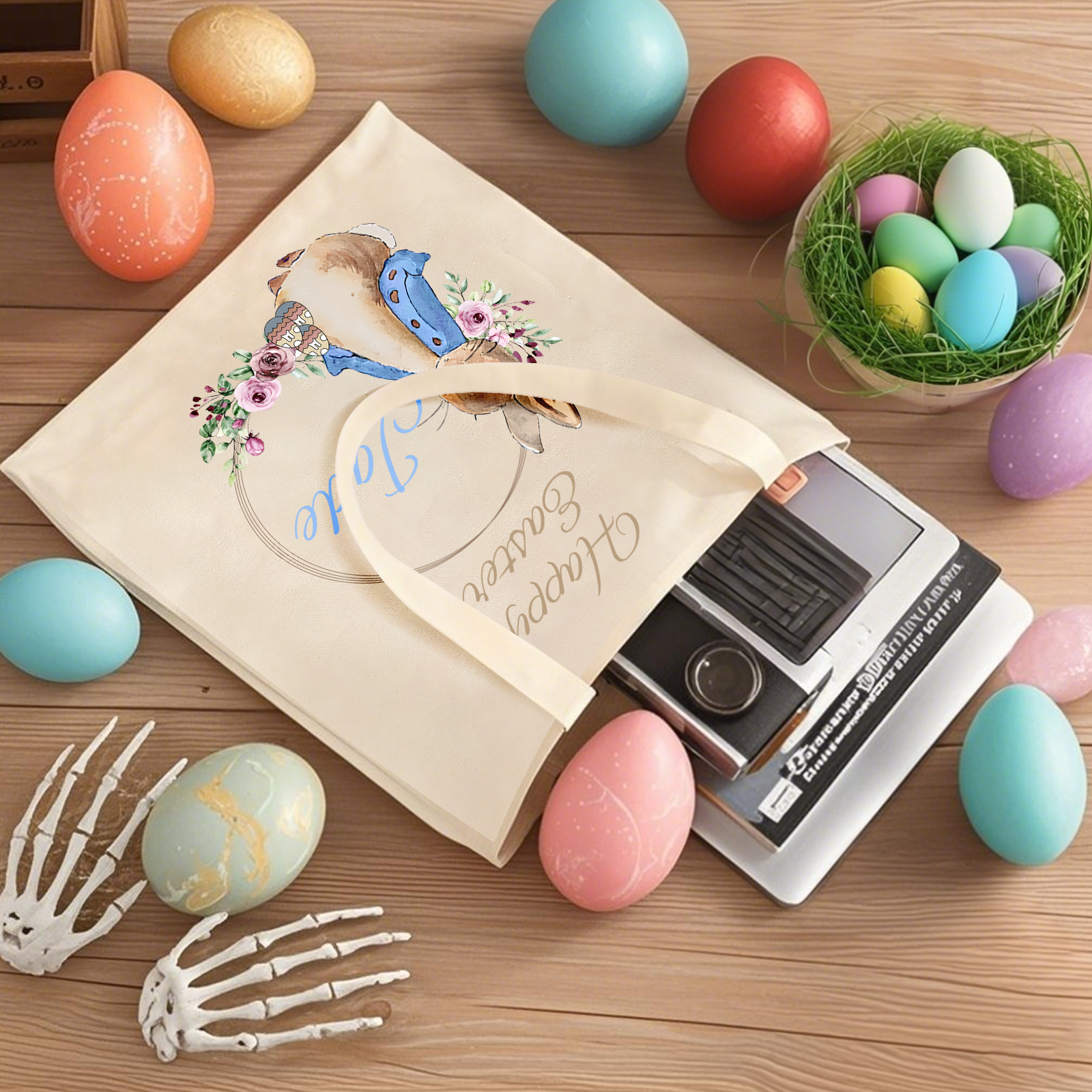Personalisierbarer Name & Text Ostern Leinen Hase Tasche
