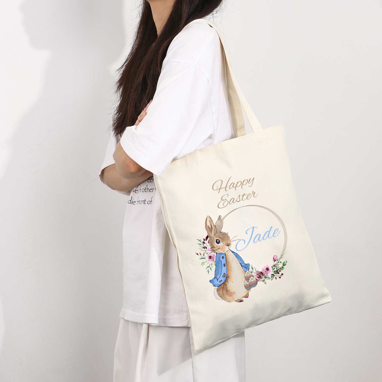 Personalisierbarer Name & Text Ostern Leinen Hase Tasche