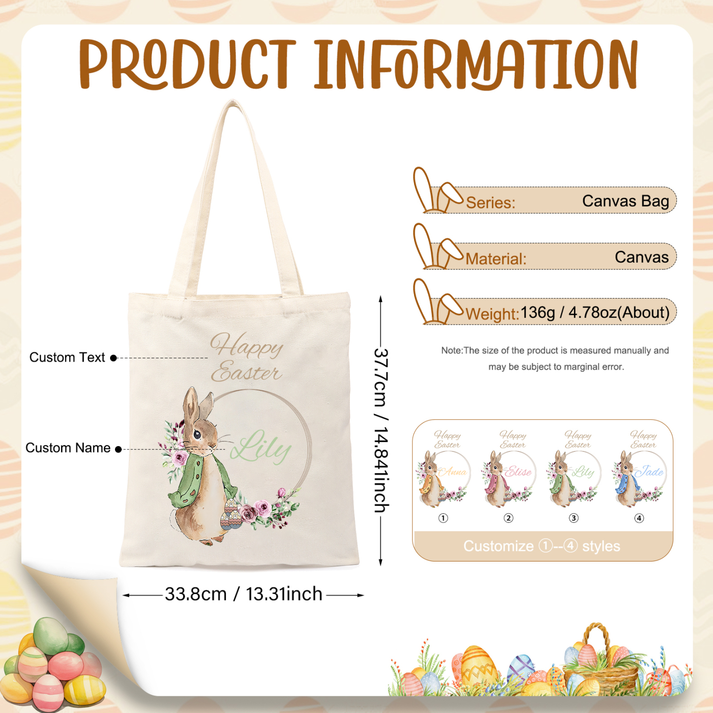 Personalisierbarer Name & Text Ostern Leinen Hase Tasche