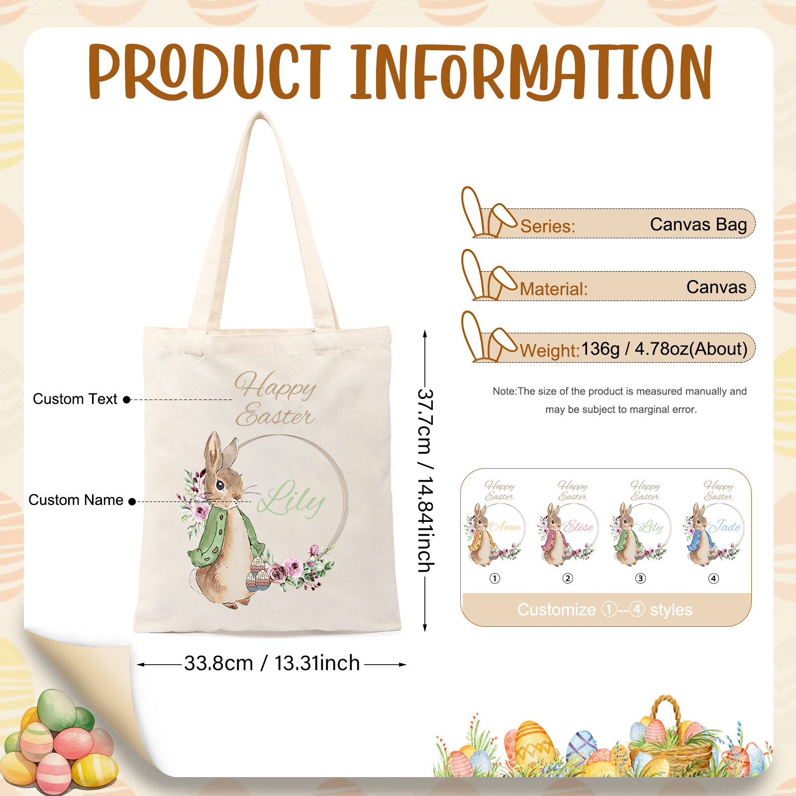 Personalisierbarer Name & Text Ostern Leinen Hase Tasche