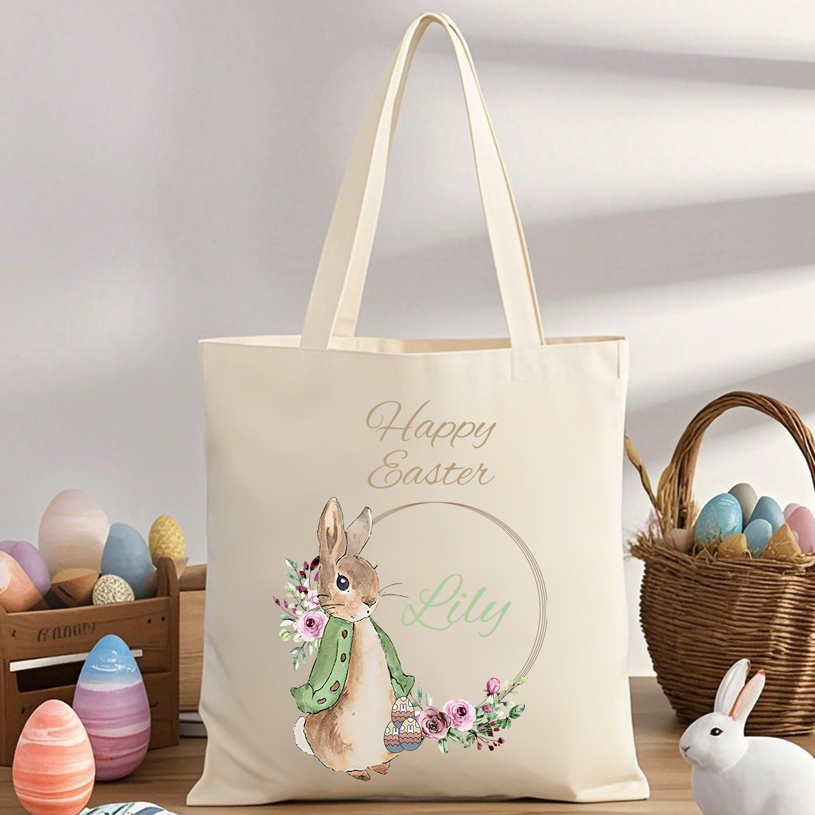 Personalisierbarer Name & Text Ostern Leinen Hase Tasche