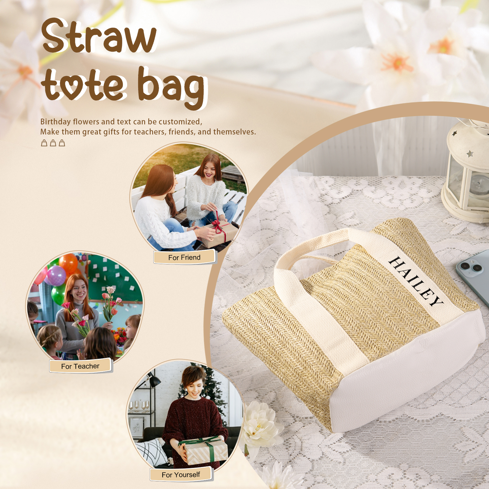 Personalisierbarer Name in 5 Stile Stroh Leinen Damen-Tasche