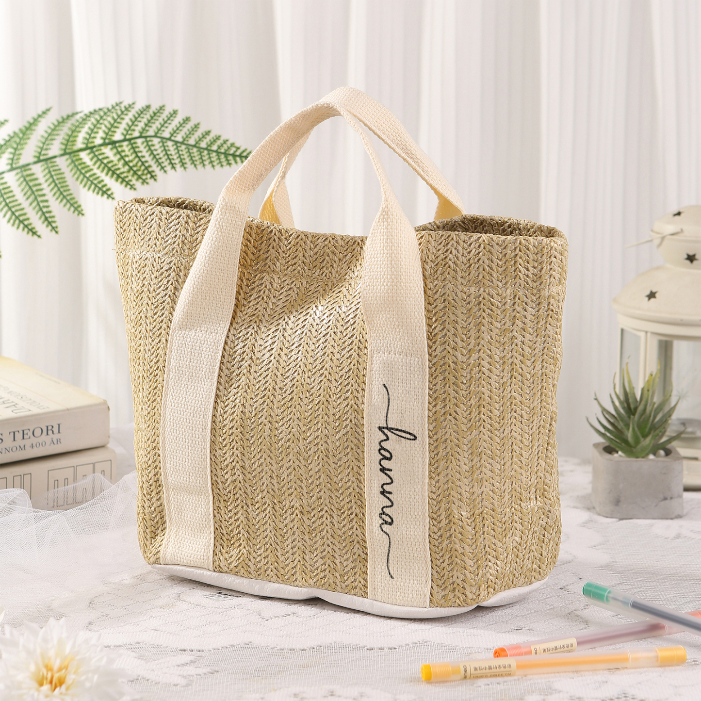 Personalisierbarer Name in 5 Stile Stroh Leinen Damen-Tasche