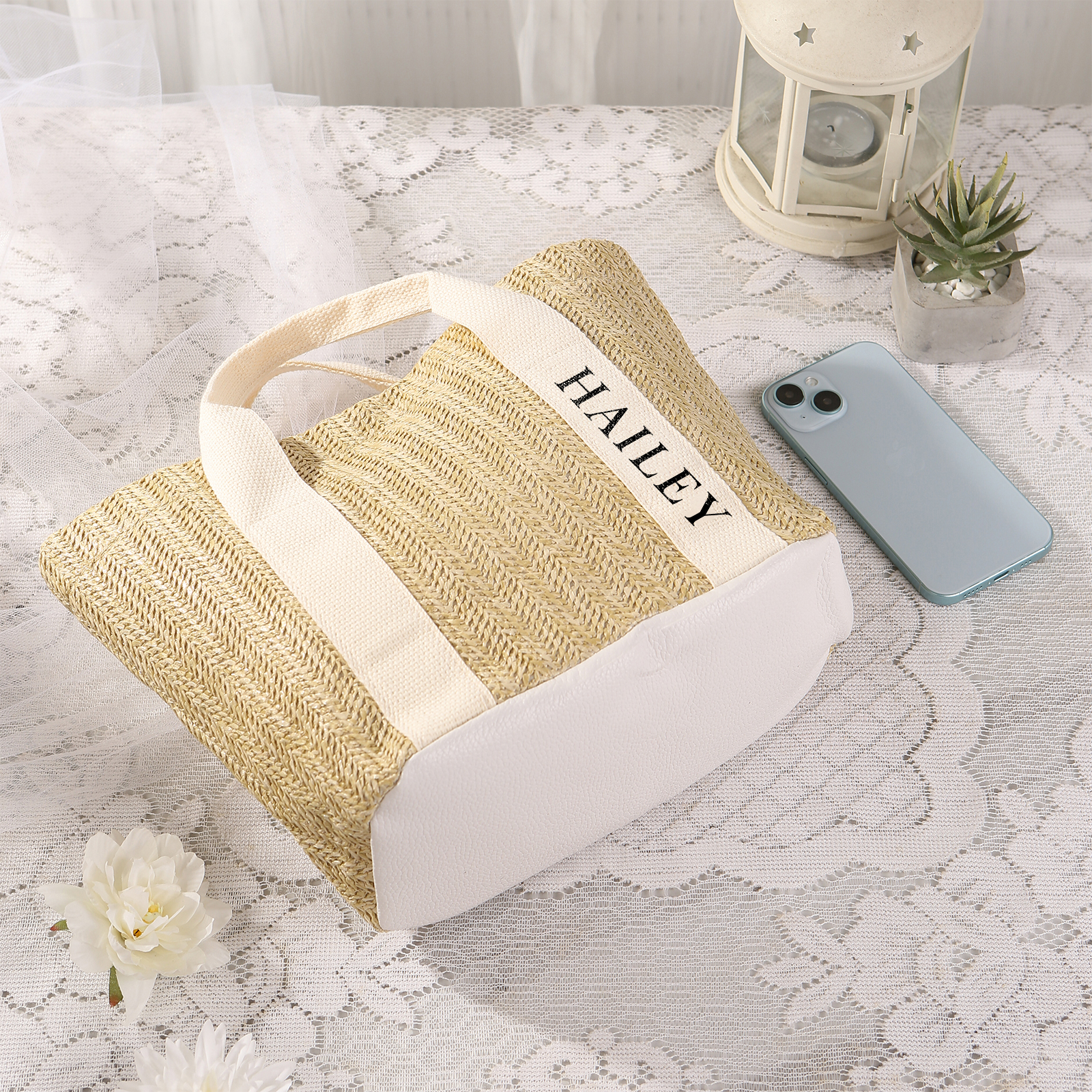 Personalisierbarer Name in 5 Stile Stroh Leinen Damen-Tasche