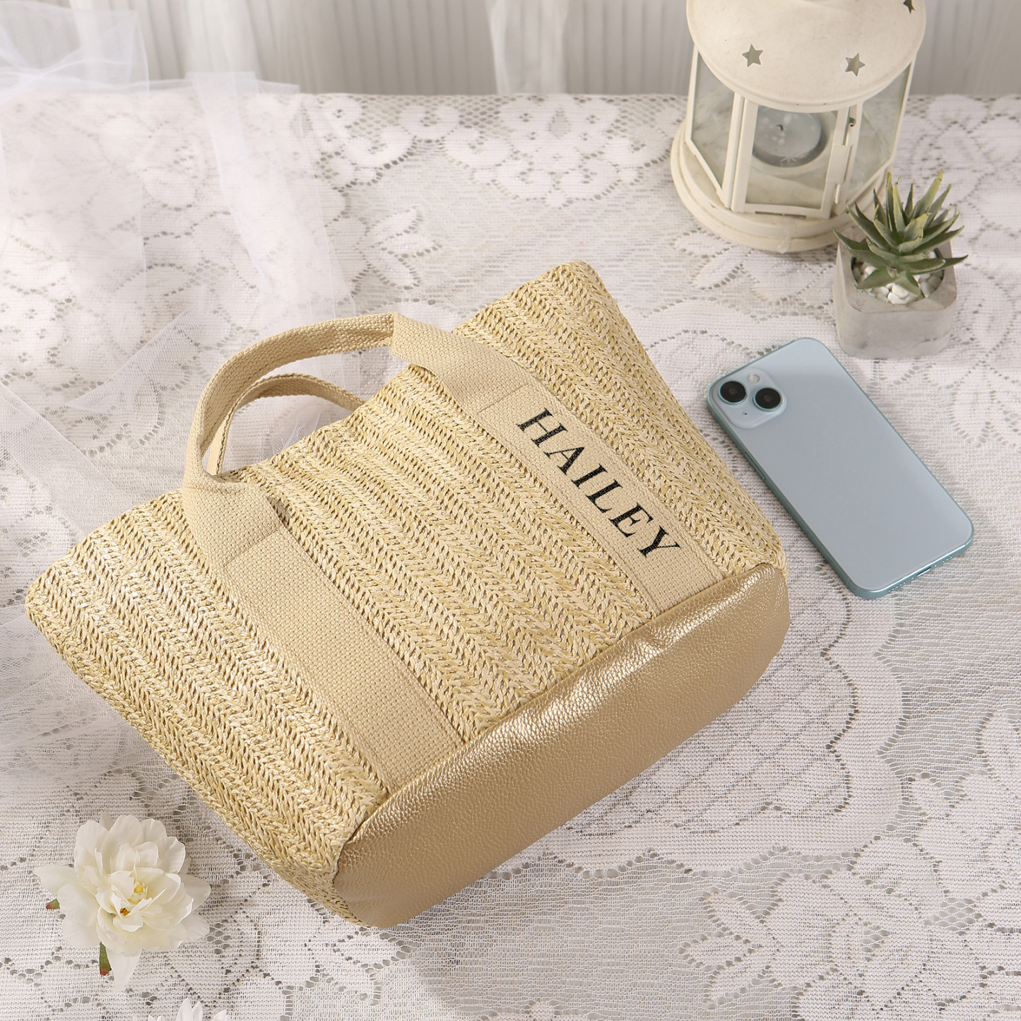 Personalisierbarer Name in 5 Stile Stroh Leinen Damen-Tasche