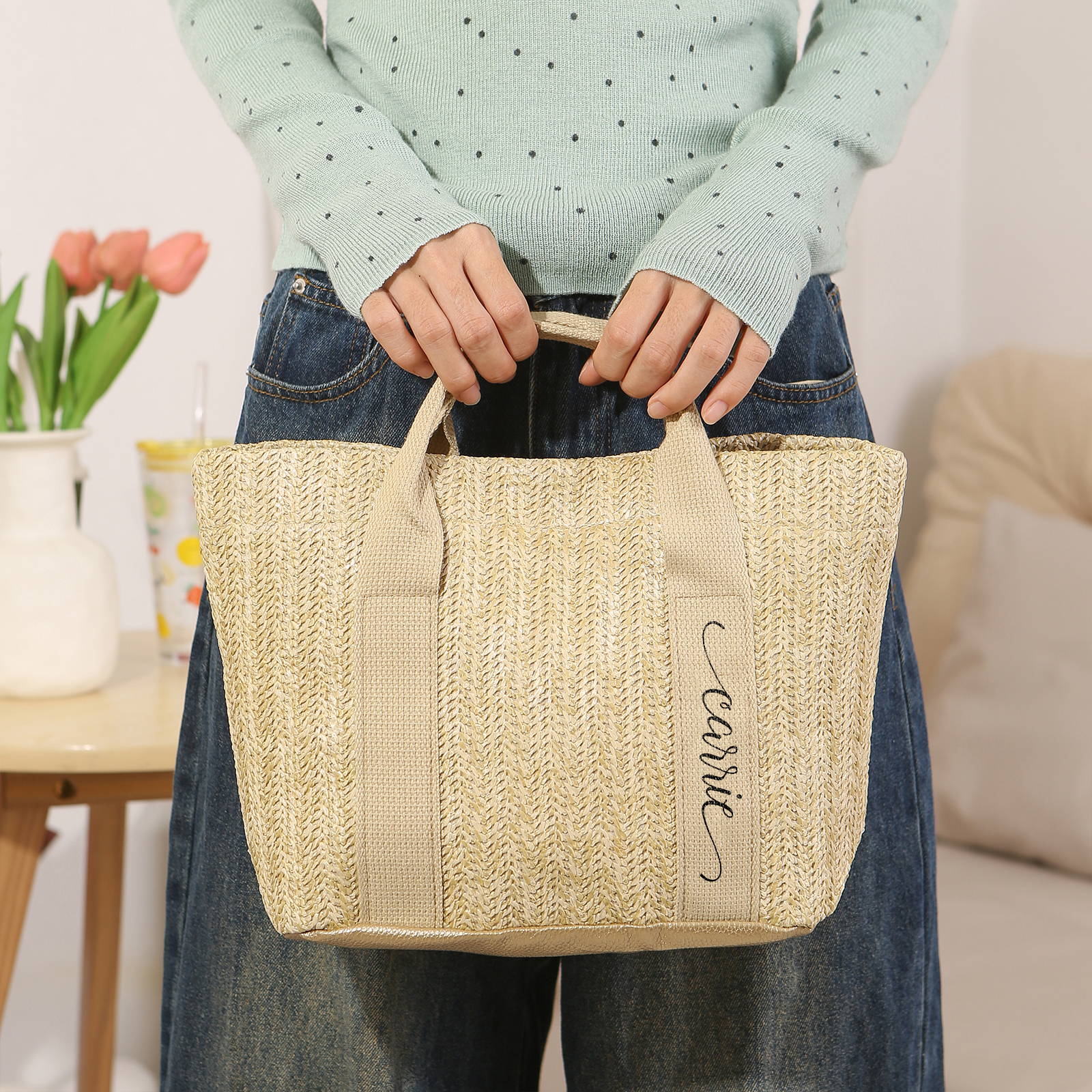 Personalisierbarer Name in 5 Stile Stroh Leinen Damen-Tasche