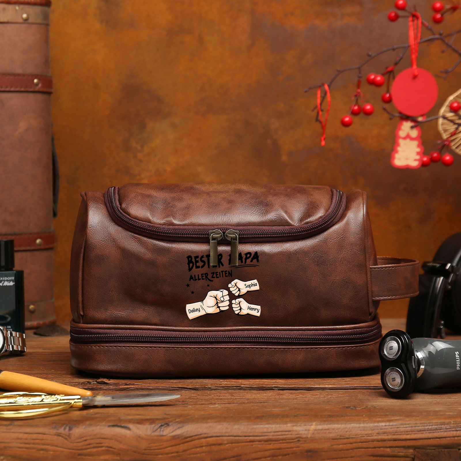 Personalisierter 2-6 Namen Kulturbeutel/Kosmetiktasche/Kulturtasche Herren, personalisiertes Geschenk-Bester Papa Aller Zeiten