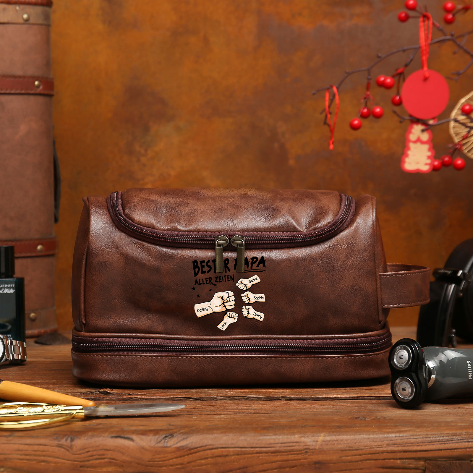 Personalisierter 2-6 Namen Kulturbeutel/Kosmetiktasche/Kulturtasche Herren, personalisiertes Geschenk-Bester Papa Aller Zeiten