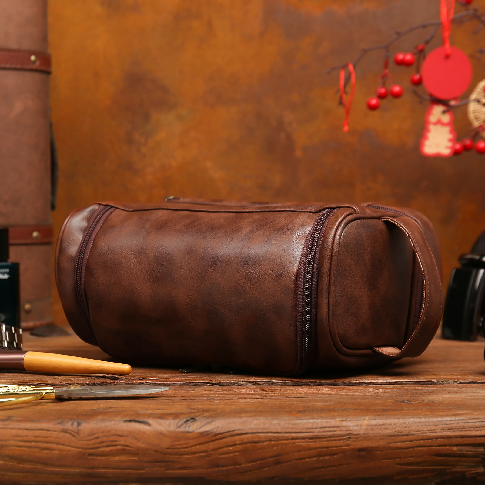 Personalisiertes Kulturbeutel-Set Für Herren – Aus Leder, Mit Gravur – Ideal Als Geschenk Für Papa, Ehemann Oder Trauzeugen