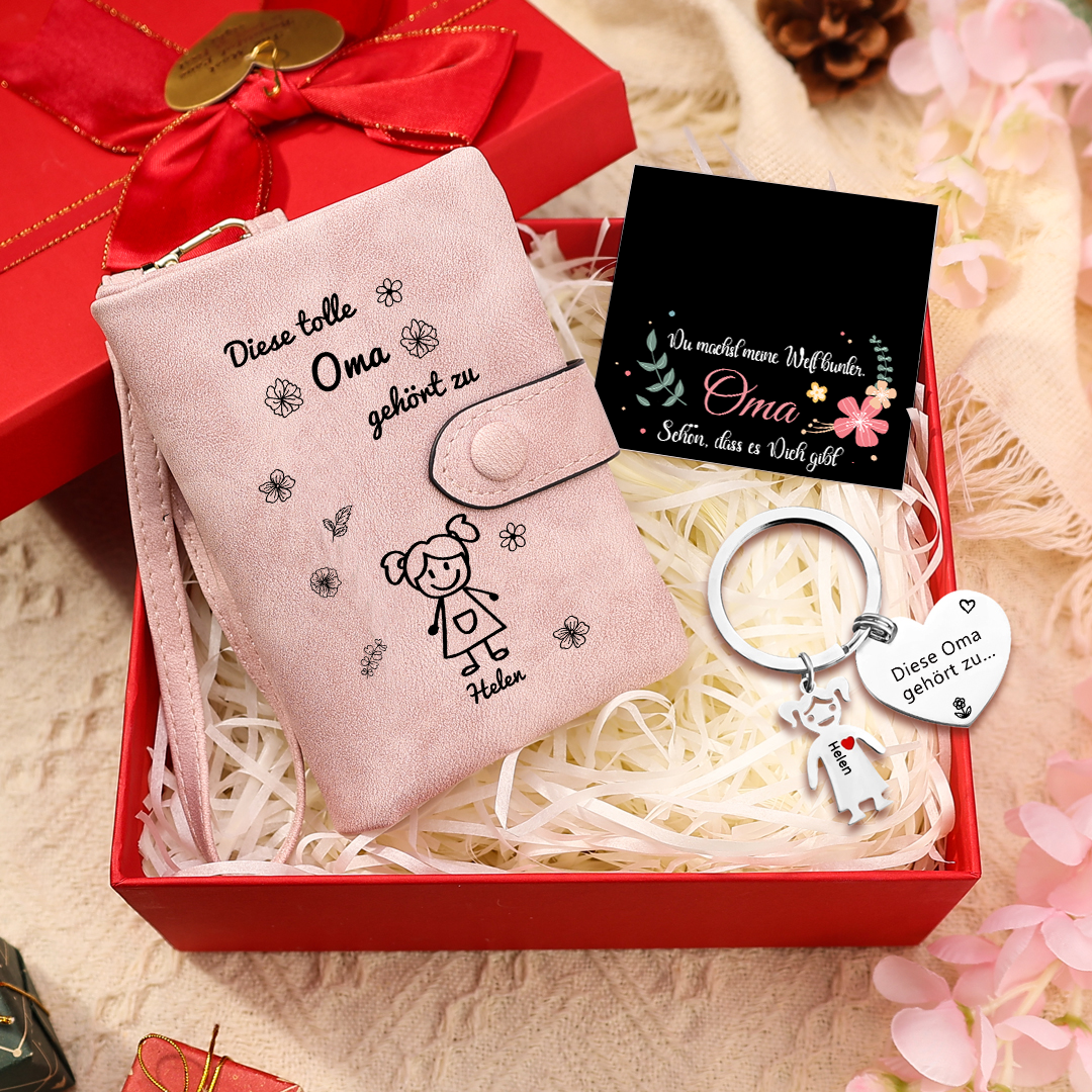 Personalisierter 1 Name & Muster PU-Leder Portemonnaie & 1 Name Herz Schlüsselanhänger -Diese tolle Oma gehört zu- Geldbörse & Schlüsselanhänger Geschenkbox Set für Oma Großmutter