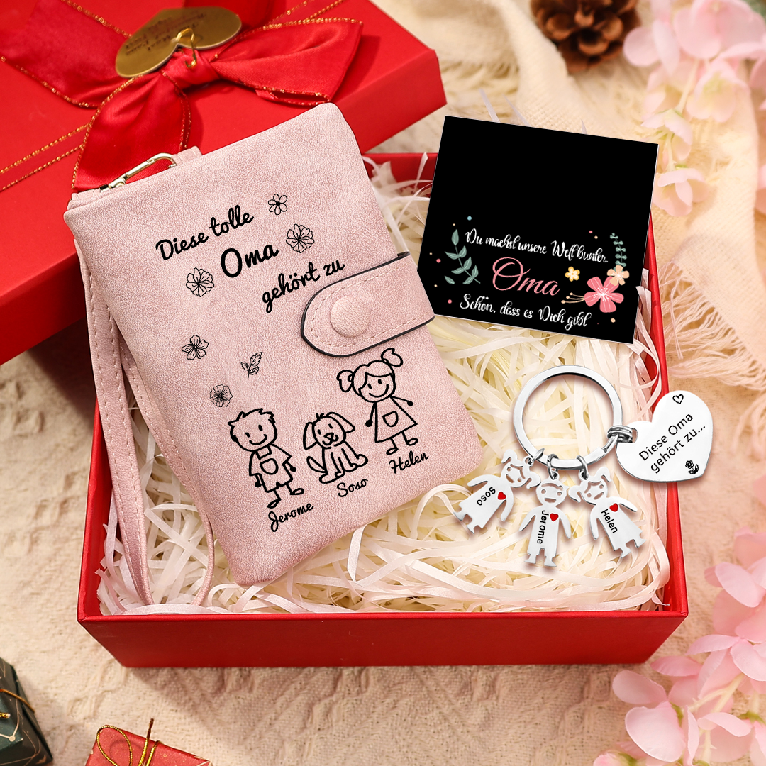 Personalisierte 3 Namen & Muster PU-Leder Portemonnaie & 3 Namen Herz Schlüsselanhänger -Diese tolle Oma gehört zu- Geldbörse & Schlüsselanhänger Geschenkbox Set für Oma Großmutter