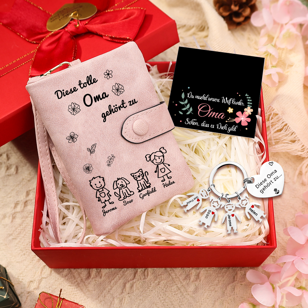 Personalisierte 4 Namen & Muster PU-Leder Portemonnaie & 4 Namen Herz Schlüsselanhänger -Diese tolle Oma gehört zu- Geldbörse & Schlüsselanhänger Geschenkbox Set für Oma Großmutter