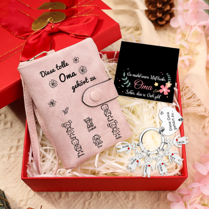 Personalisierte 6 Namen & Muster PU-Leder Portemonnaie & 6 Namen Herz Schlüsselanhänger -Diese tolle Oma gehört zu- Geldbörse & Schlüsselanhänger Geschenkbox Set für Oma Großmutter