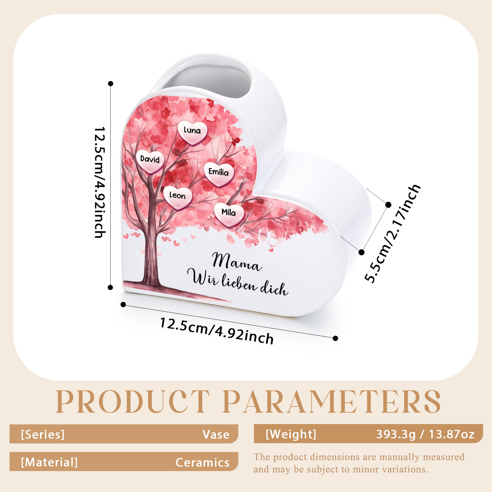 Personalisierte herzförmige Keramikvase in Rosa mit Familienbaum-Motiv, personalisiert mit 1–12 Namen