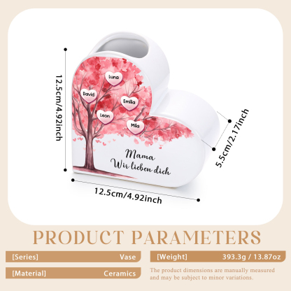 Personalisierte herzförmige Keramikvase in Rosa mit Familienbaum-Motiv, personalisiert mit 1–12 Namen
