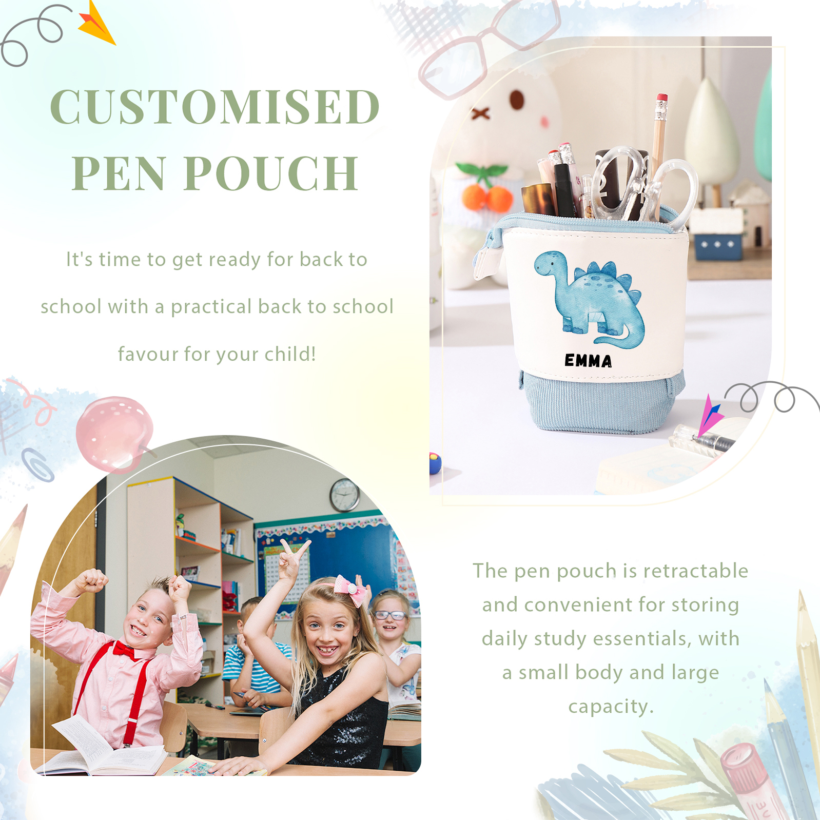 Schulanfang Geschenkset-Personalisierter Name & Datum Dino Emaille Tasse & Personalisierter Name Stifteetui & Diono Armband Set - Geschenk für Schulkind mit Geschenk Box