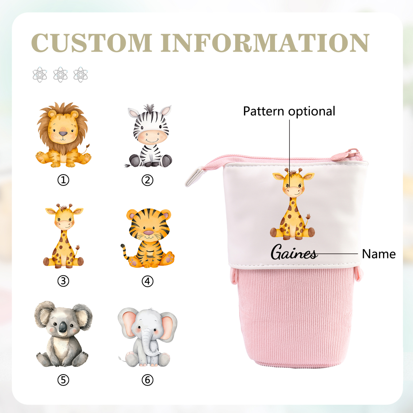 Personalisierter Name & Tier-typ Leinwand PU-Leder Stifteetui Stifttasche