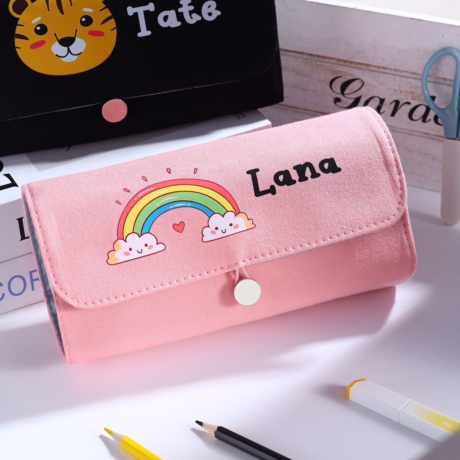 Personalisierter Name & Muster Leinwand PU-Leder Stifteetui Stifttasche