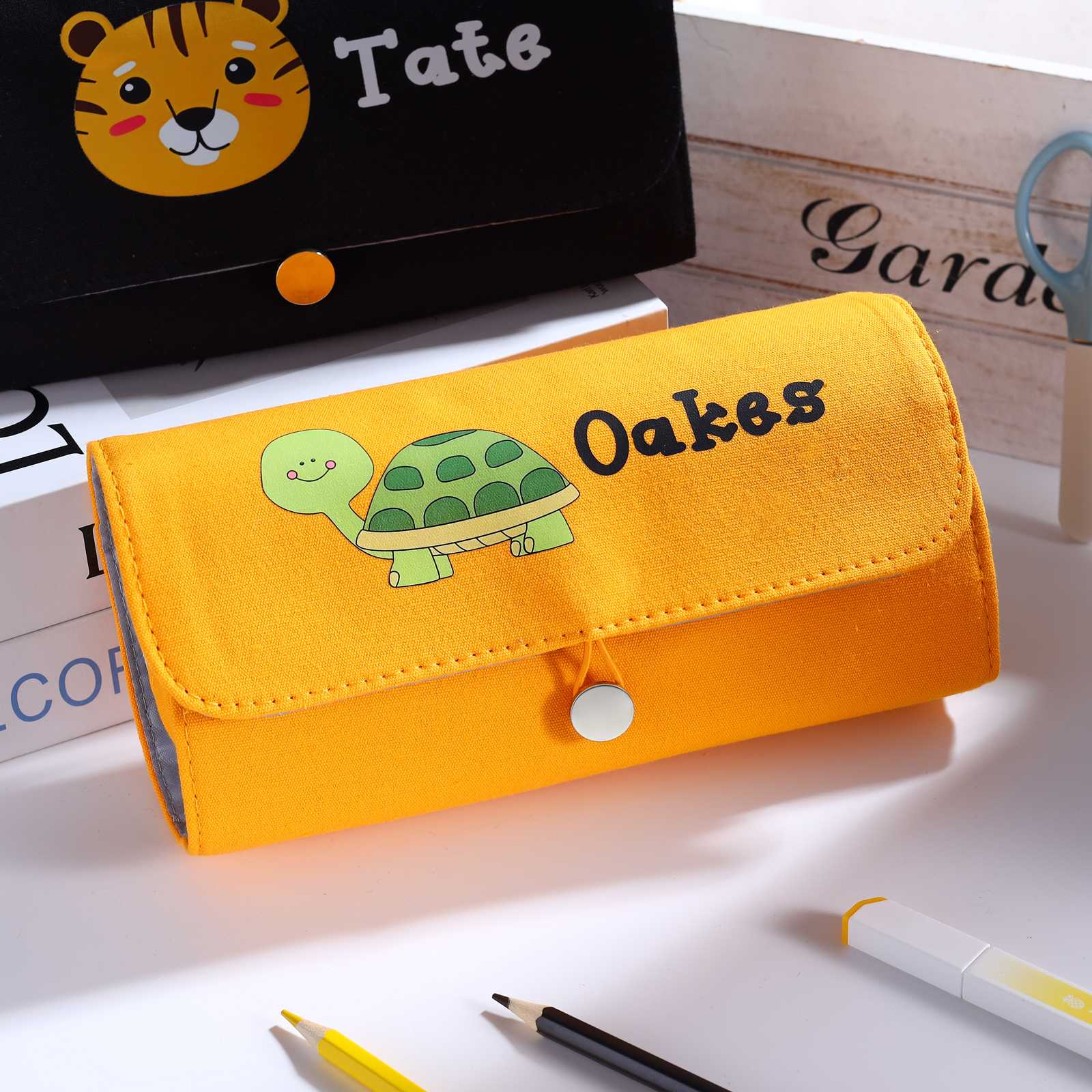 Personalisierter Name & Muster Leinwand PU-Leder Stifteetui Stifttasche