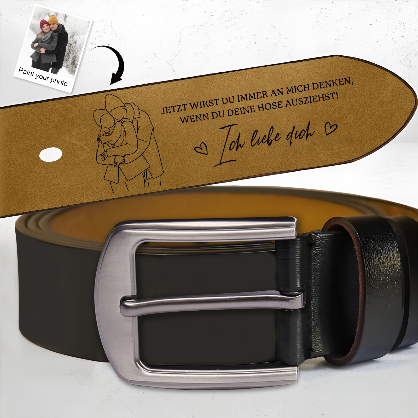 Personalisierter Ledergürtel mit individuellem Line-Art-Foto und Botschaft, alltagstaugliches Valentinstagsgeschenk für Ehemann oder Freund | Kettenmachen