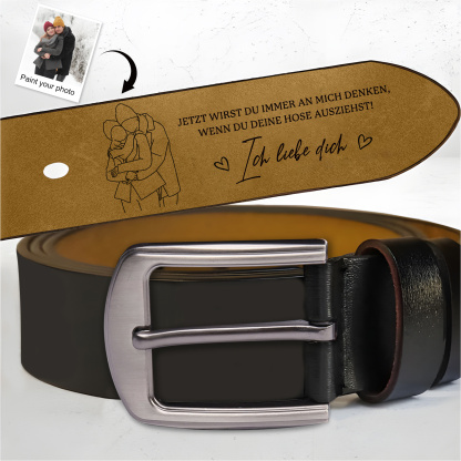 Personalisierter Ledergürtel mit individuellem Line-Art-Foto und Botschaft, alltagstaugliches Valentinstagsgeschenk für Ehemann oder Freund | Kettenmachen