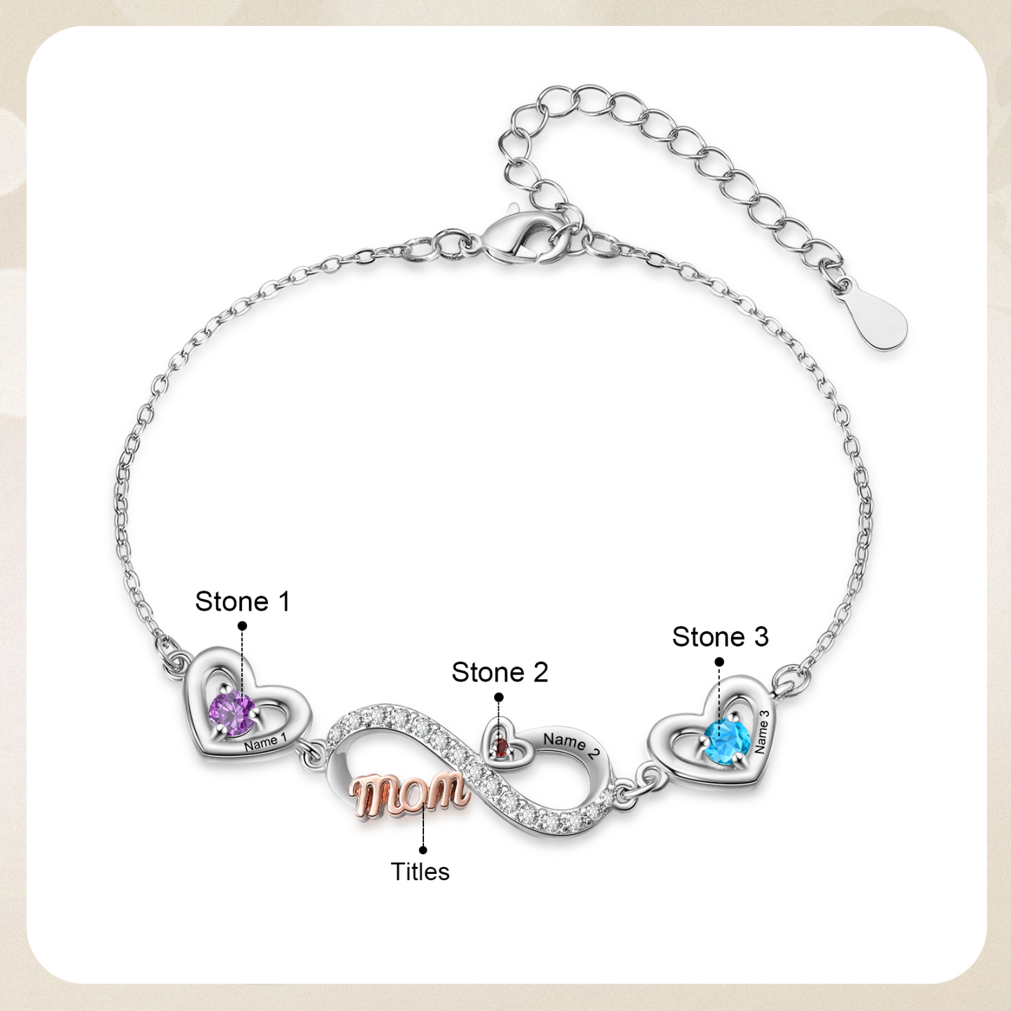 Personalisiertes Infinity-Herz Armband mit Geburtssteinen für Mama mit 2–6 Namen personalisiert