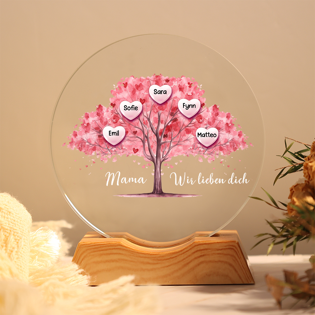 Personalisierte LED-Kristall-Nachtlicht mit Familienbaum in Herzform und 1-7 Namen